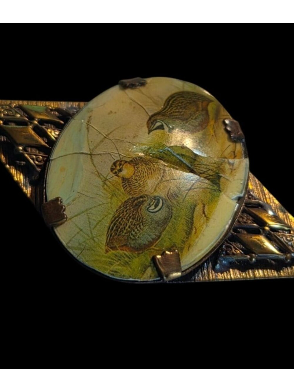 Antique Victorian Celluloid Quail Bird Pendant Necklace Brass Filigree 22" AS IS - Picture 15 of 15